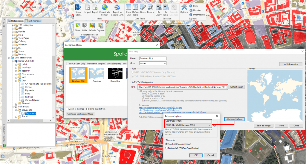 Yandex Maps configured as 'Spatial Manager' dynamic Background Maps