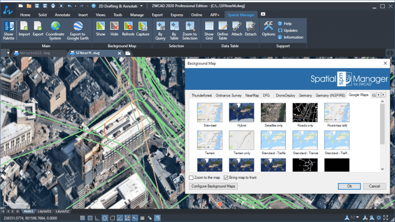 Spatial Manager and ZWCAD 2020 - Preset and user-defined Background maps