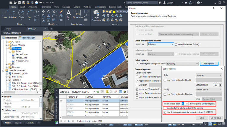 Spatial Manager - Labeling objects while importing: New options