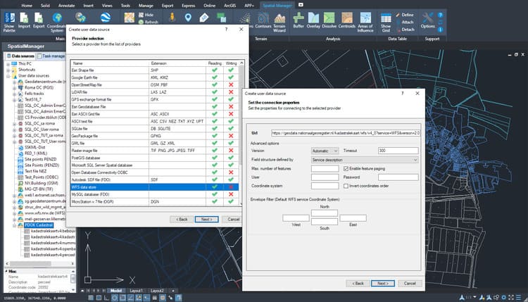 ‘Spatial Manager’ User Data Sources setup to access WFS and many other file-based or database vector services (Click to enlarge) ‘Spatial Manager’ User Data Sources setup to access WFS and many other file-based or database vector services