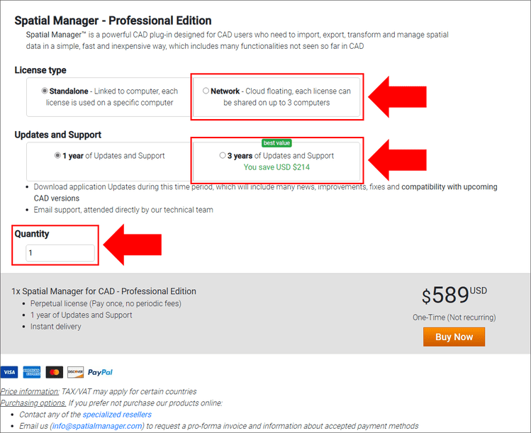 New Spatial Manager web store page including the new licensing options<br />(Note: This is a current sample image. Prices and conditions may vary in the future)