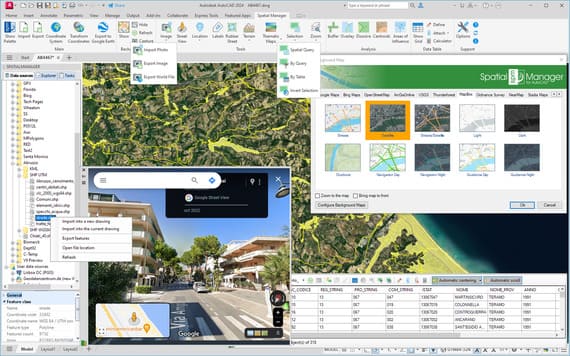 Spatial Manager for AutoCAD. Paleta principal de la aplicación, cinta de opciones y algunas ventanas de ejemplo