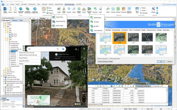 Spatial Manager for BricsCAD. Palette principale de l'application, ruban et quelques exemples de fenêtres