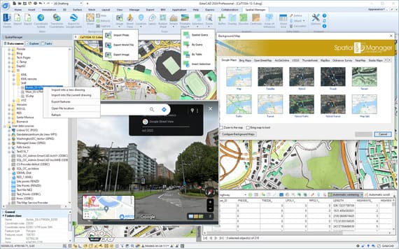 Spatial Manager for GstarCAD. Paleta principal de la aplicación, cinta de opciones y algunas ventanas de ejemplo