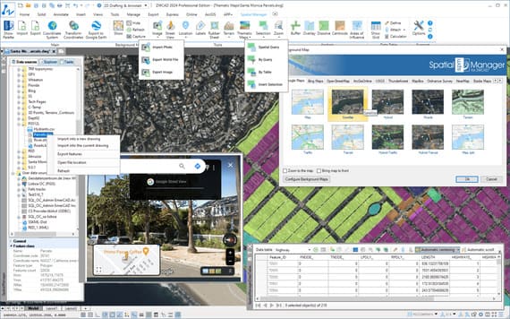 Spatial Manager for ZWCAD. Paleta principal de la aplicación, cinta de opciones y algunas ventanas de ejemplo